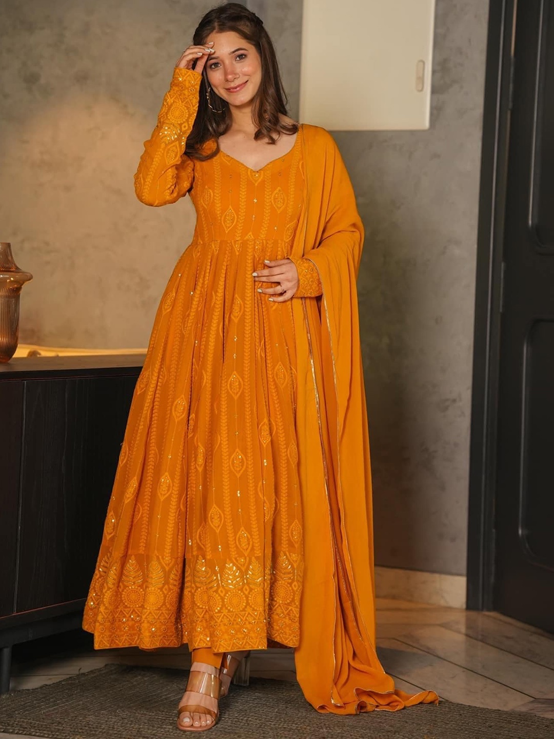 

ESTELA Floral Embroidered Pleated Sequinned Kurta With Trousers & Dupatta, Orange