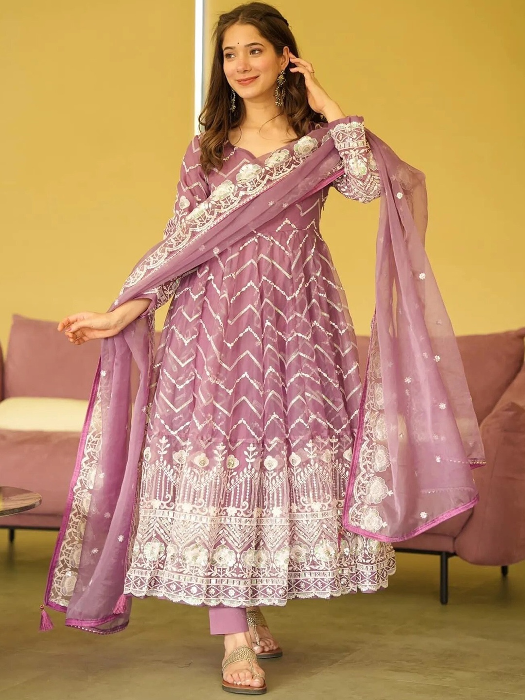 

ESTELA Floral Embroidered Sequinned Anarkali Kurta With Trousers & Dupatta, Purple