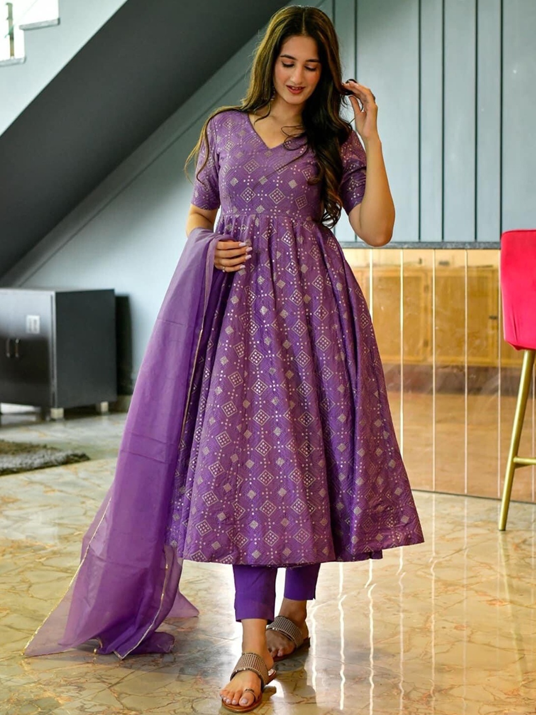 

ESTELA Ethnic Motifs Embroidered Sequinned Pure Silk Kurta & Trousers With Dupatta, Purple