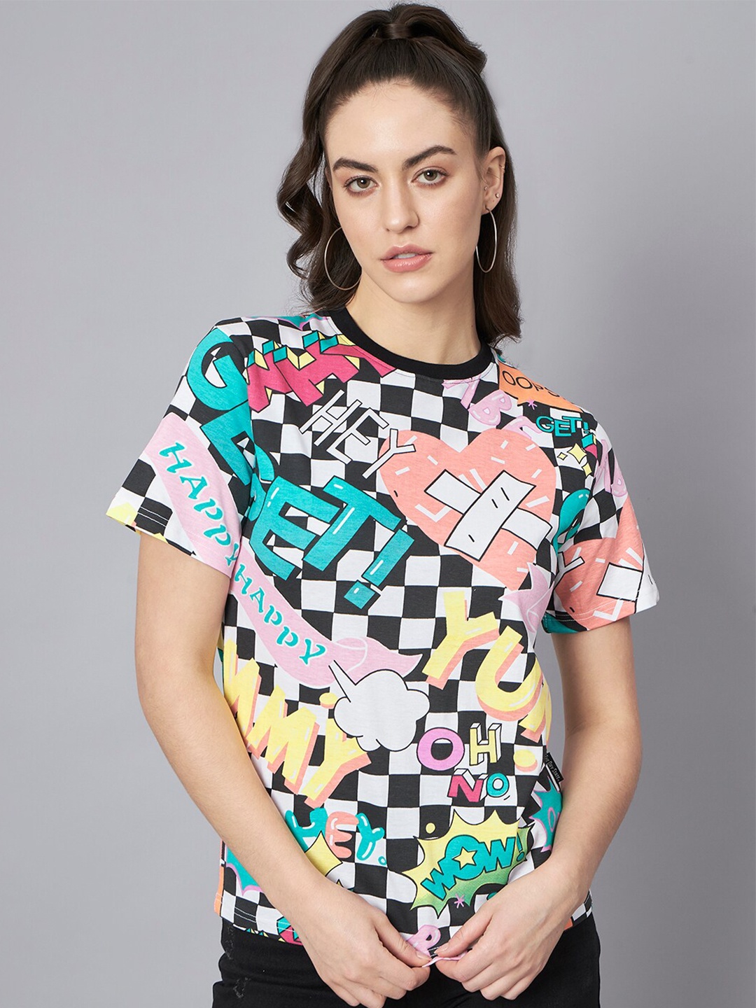 

The Dry State White & Black Abstract Printed Loose Cotton T-shirt