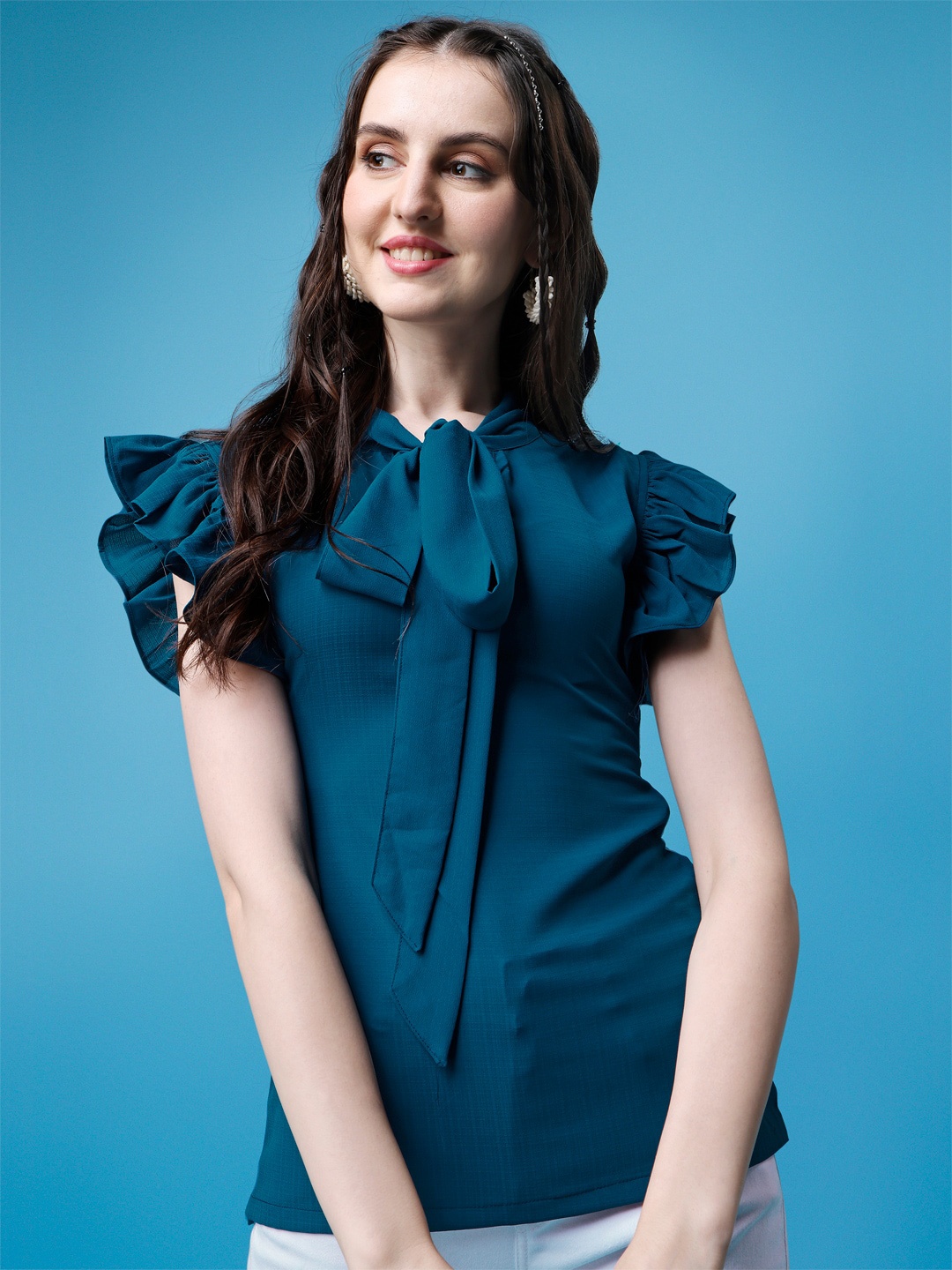 

LABEL D11 Tie-Up Neck Flutter Sleeve Top, Teal