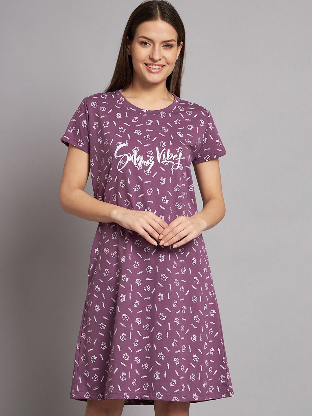 

SEPHANI Typography Printed T-Shirt Nightdress, Purple