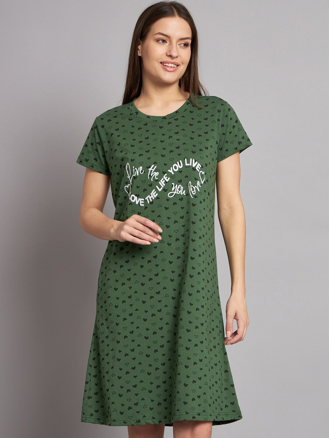 

SEPHANI Typography Printed T-Shirt Nightdress, Green