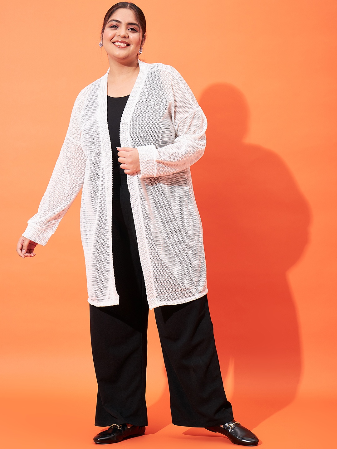 

Athena Ample Plus Size Self Design Long Sleeves Shrug, White