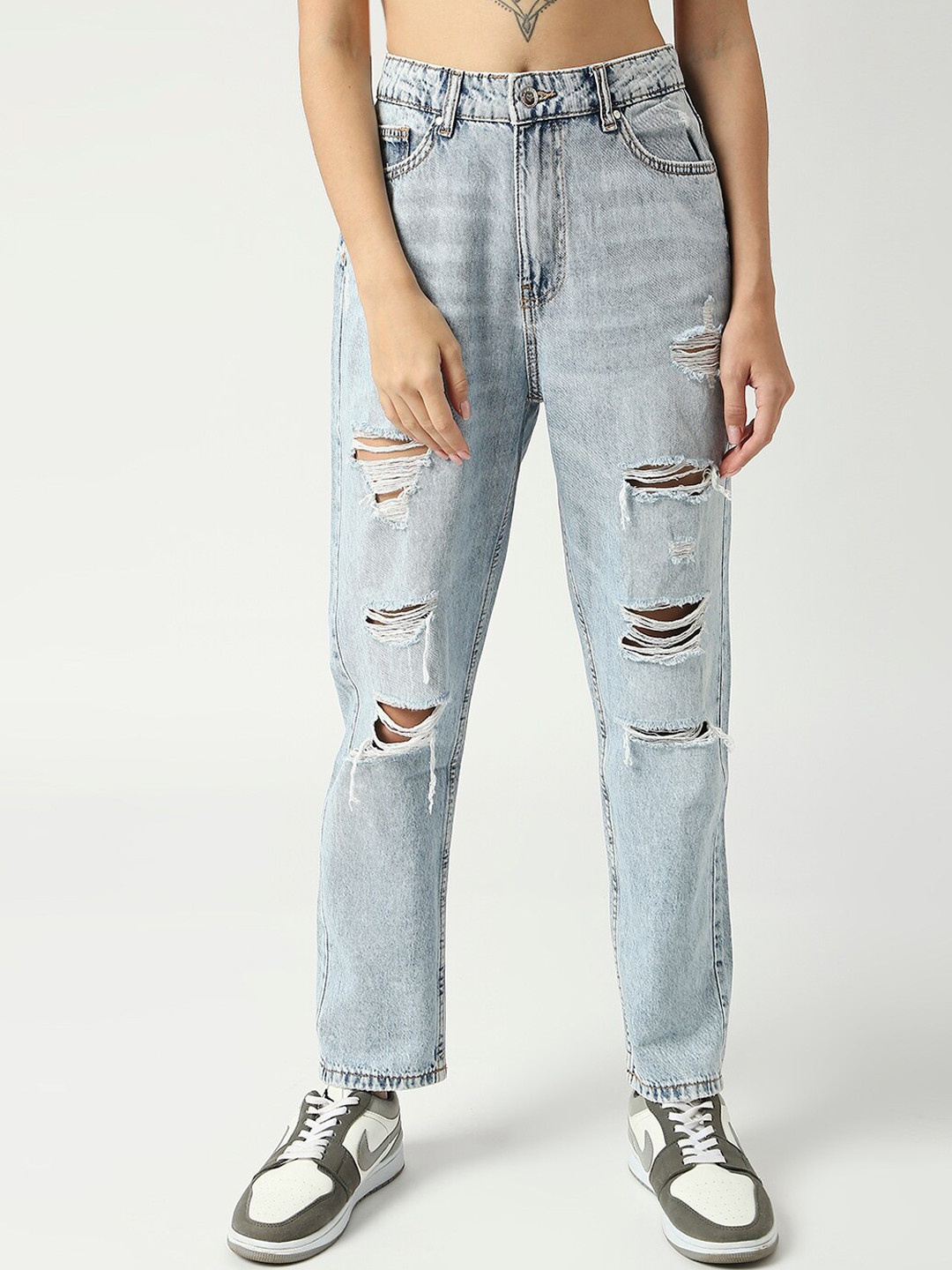 

LOVEGEN Women High-Rise Highly Distressed Heavy Fade Acid Wash Pure Cotton Jeans, Blue