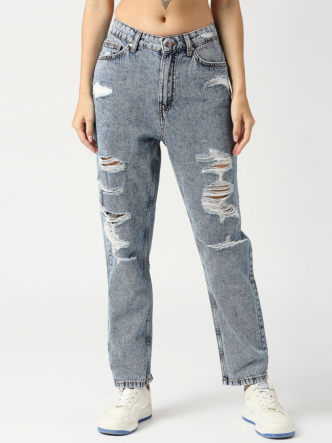 

LOVEGEN Women Relaxed Fit High-Rise Highly Distressed Heavy Fade Acid Wash Cotton Jeans, Blue