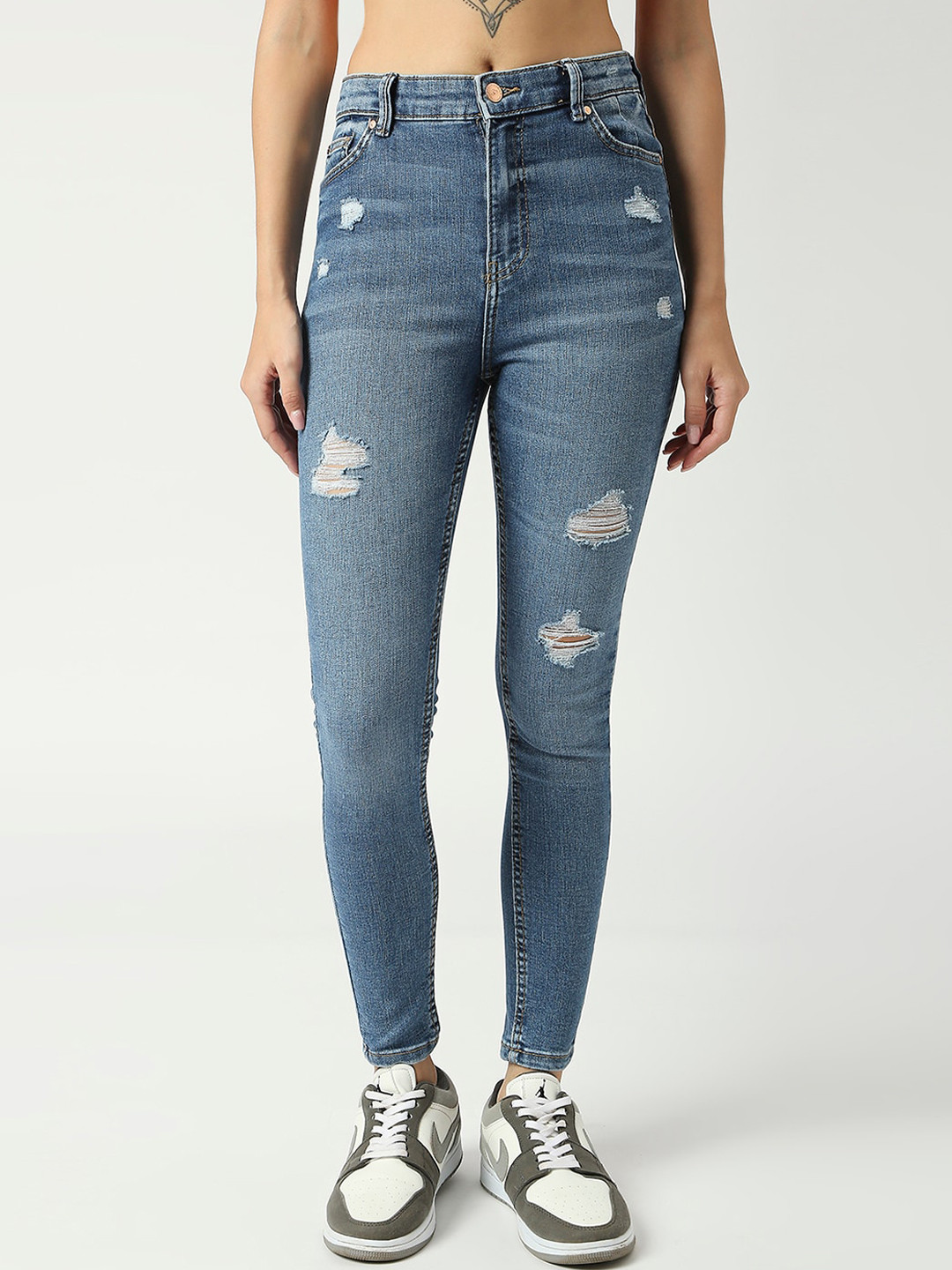 

LOVEGEN Women Skinny Fit High-Rise Mildly Distressed Light Fade Stretchable Jeans, Blue