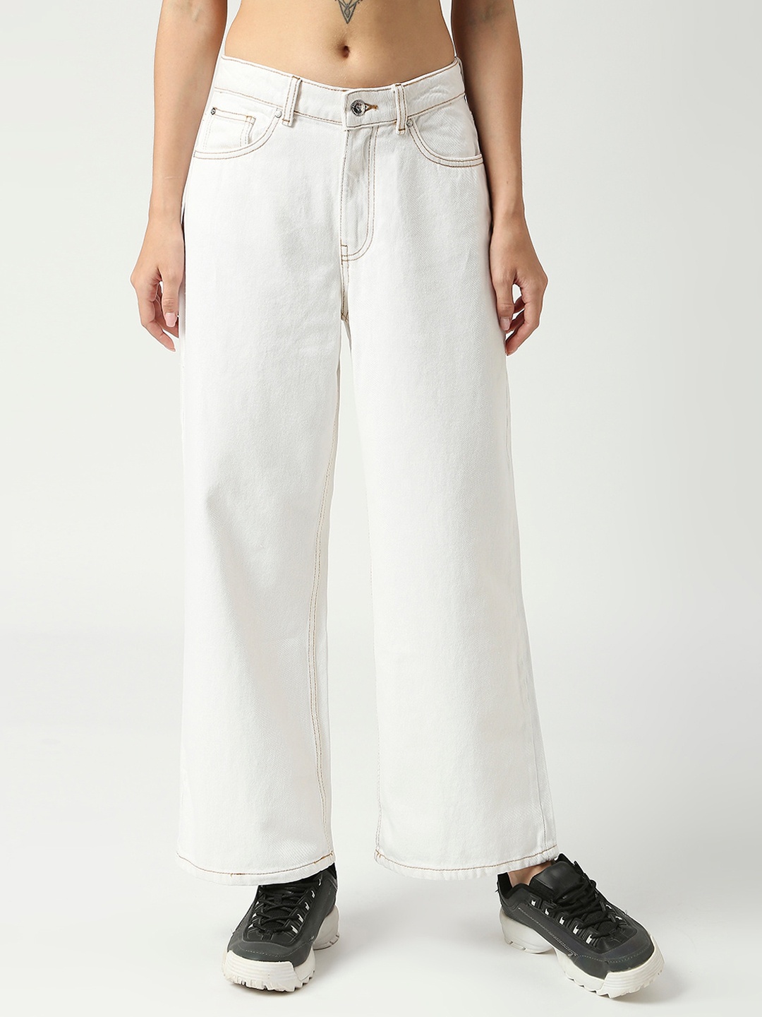 

LOVEGEN Women Wide Leg High-Rise Pure Cotton Jeans, Cream
