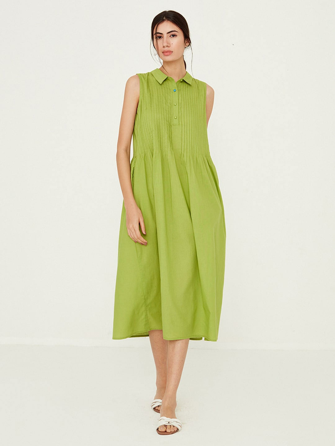 

Ancestry Sleeveless Shirt Midi Dress, Lime green