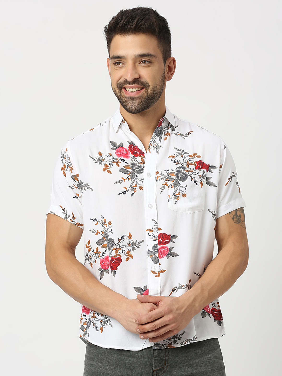 

MOD ECRU Floral Print Short Sleeve Casual Shirt, Pink
