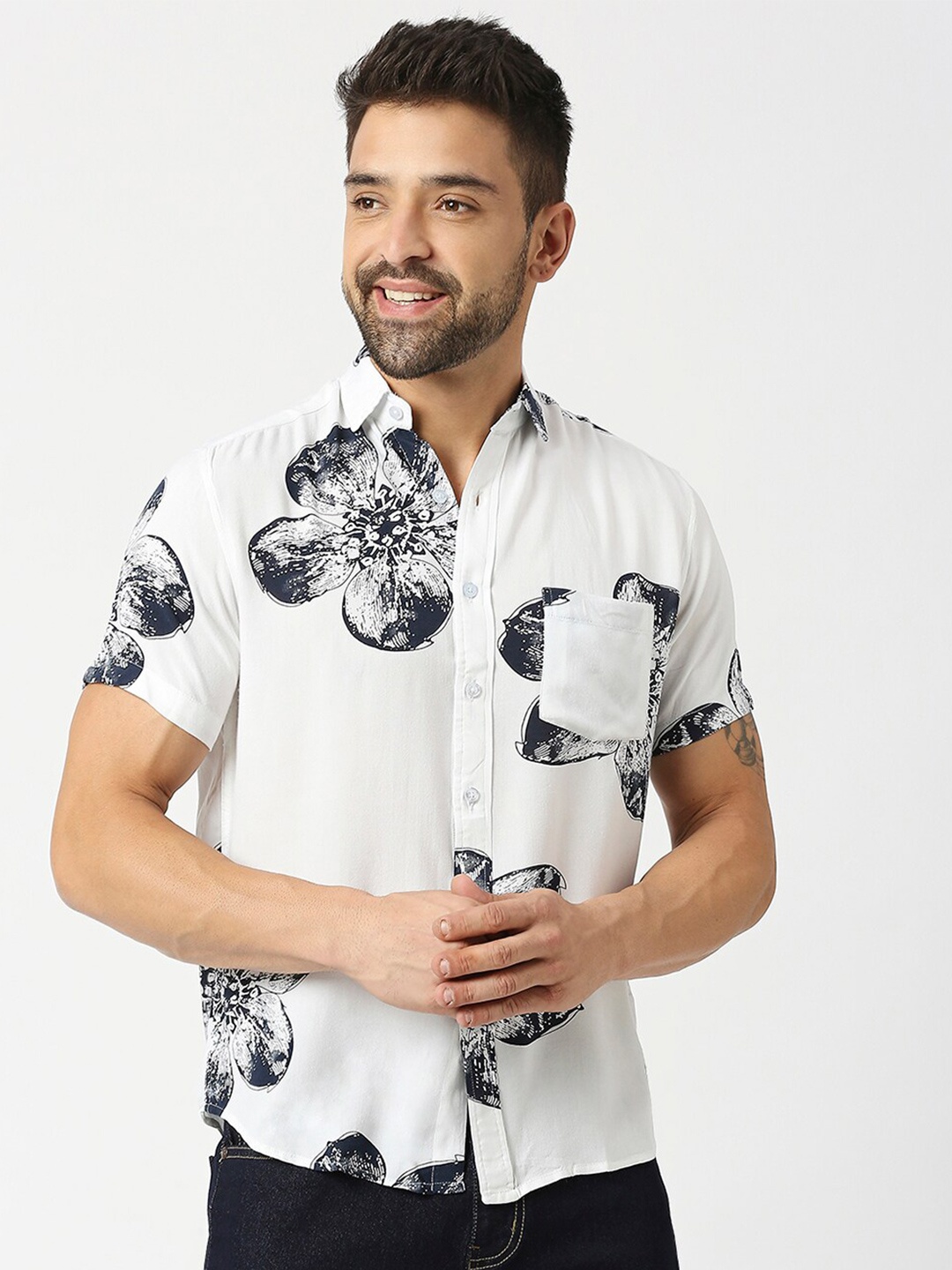 

MOD ECRU Floral Print Short Sleeve Casual Shirt, White