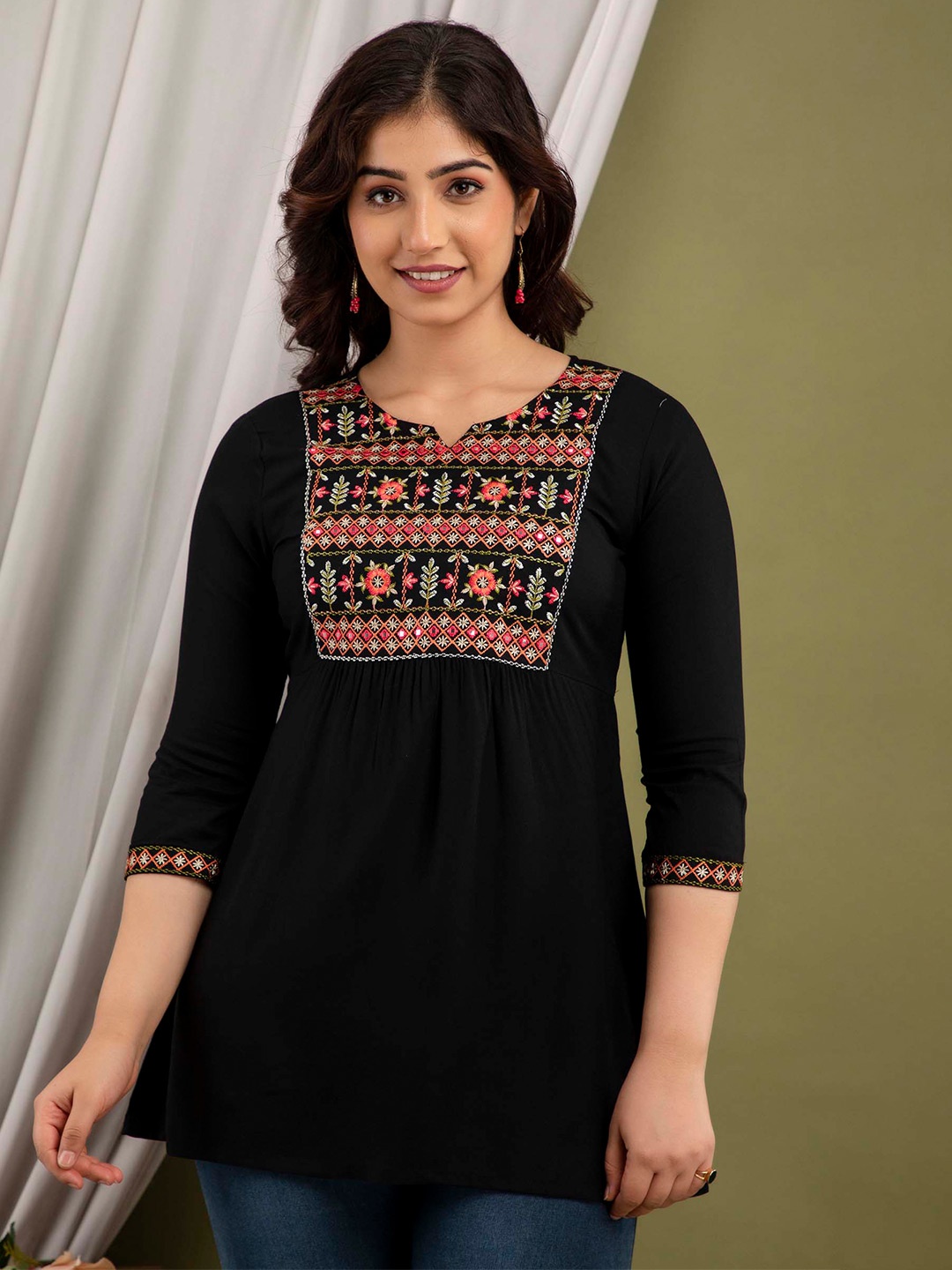 

FASHION DEPTH Ethnic Motif Embroidered A-Line Top, Black