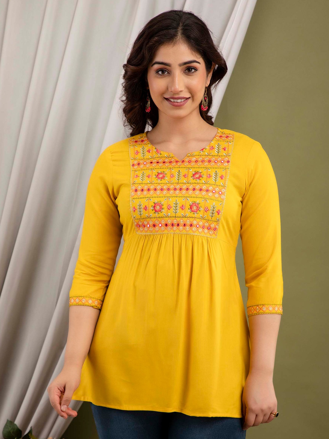 

FASHION DEPTH Ethnic Motif Embroidered A-Line Top, Yellow