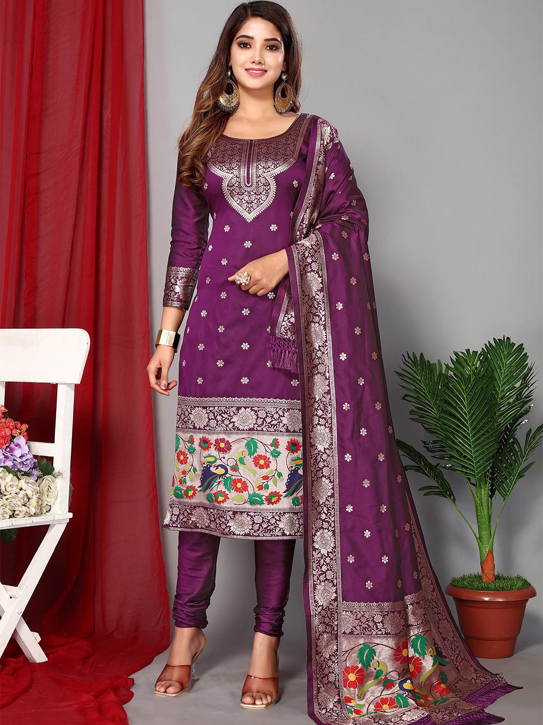 

Ekta Textiles Ethnic Motifs Woven Design Unstitched Dress Material, Violet