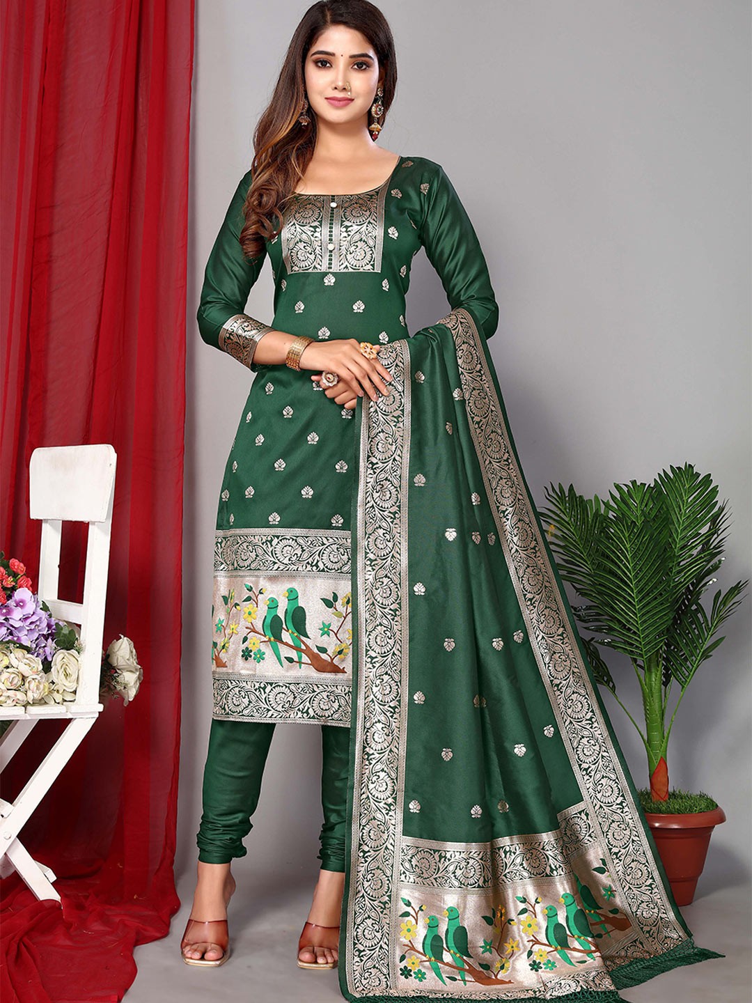 

Ekta Textiles Ethnic Motifs Woven Design Unstitched Dress Material, Green