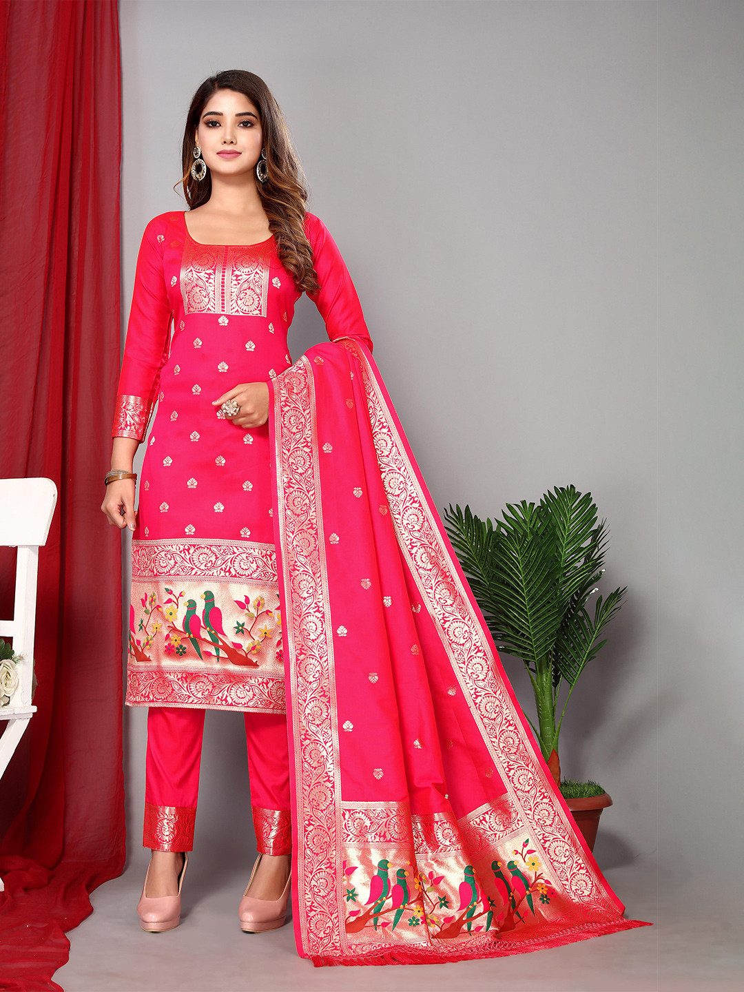 

Ekta Textiles Ethnic Motifs Woven Design Unstitched Dress Material, Pink