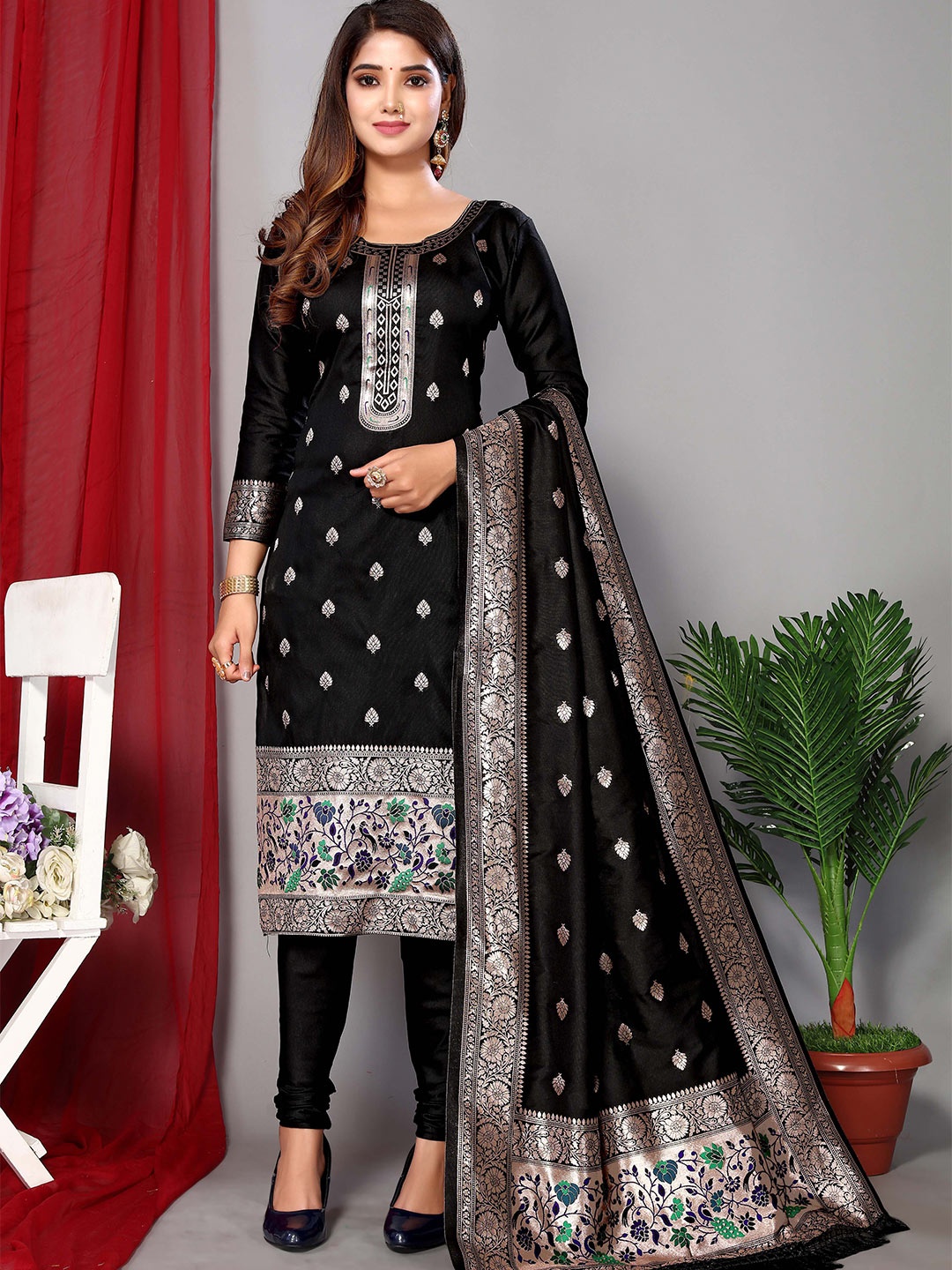 

Ekta Textiles Ethnic Motifs Printed Unstitched Dress Material, Black