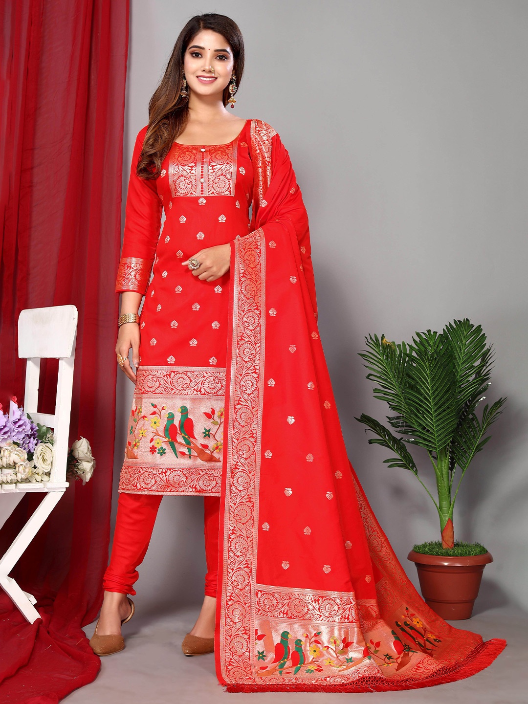 

Ekta Textiles Ethnic Motifs Woven Design Zari Unstitched Dress Material, Red