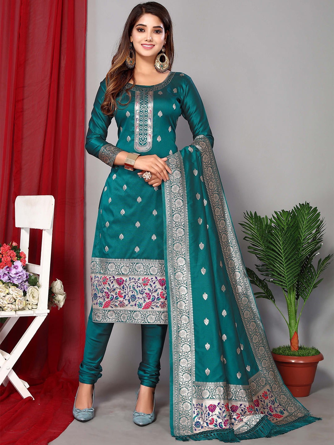 

Ekta Textiles Ethnic Motifs Printed Unstitched Dress Material, Turquoise blue