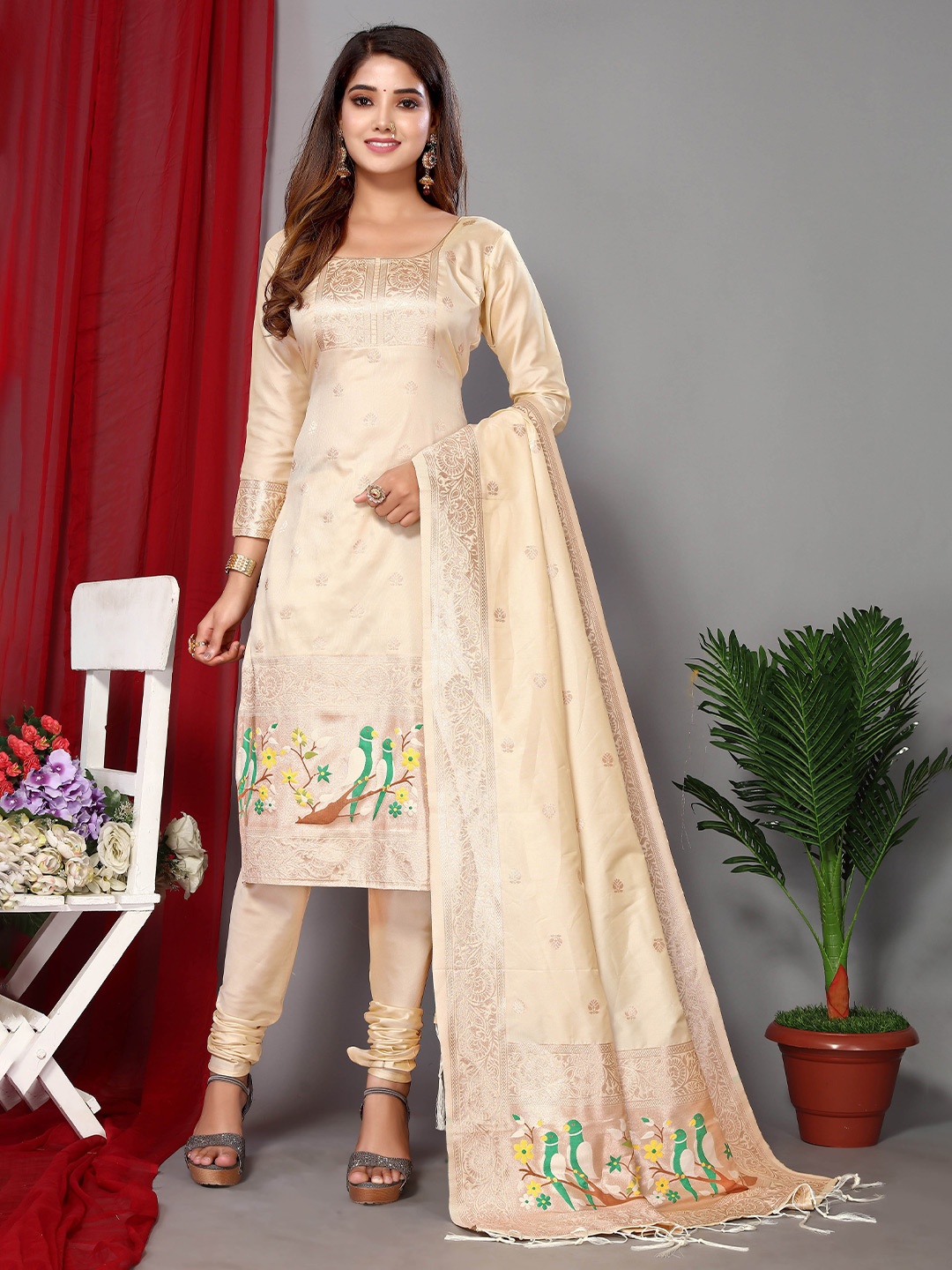 

Ekta Textiles Ethnic Motifs Woven Design Zari Unstitched Dress Material, Cream