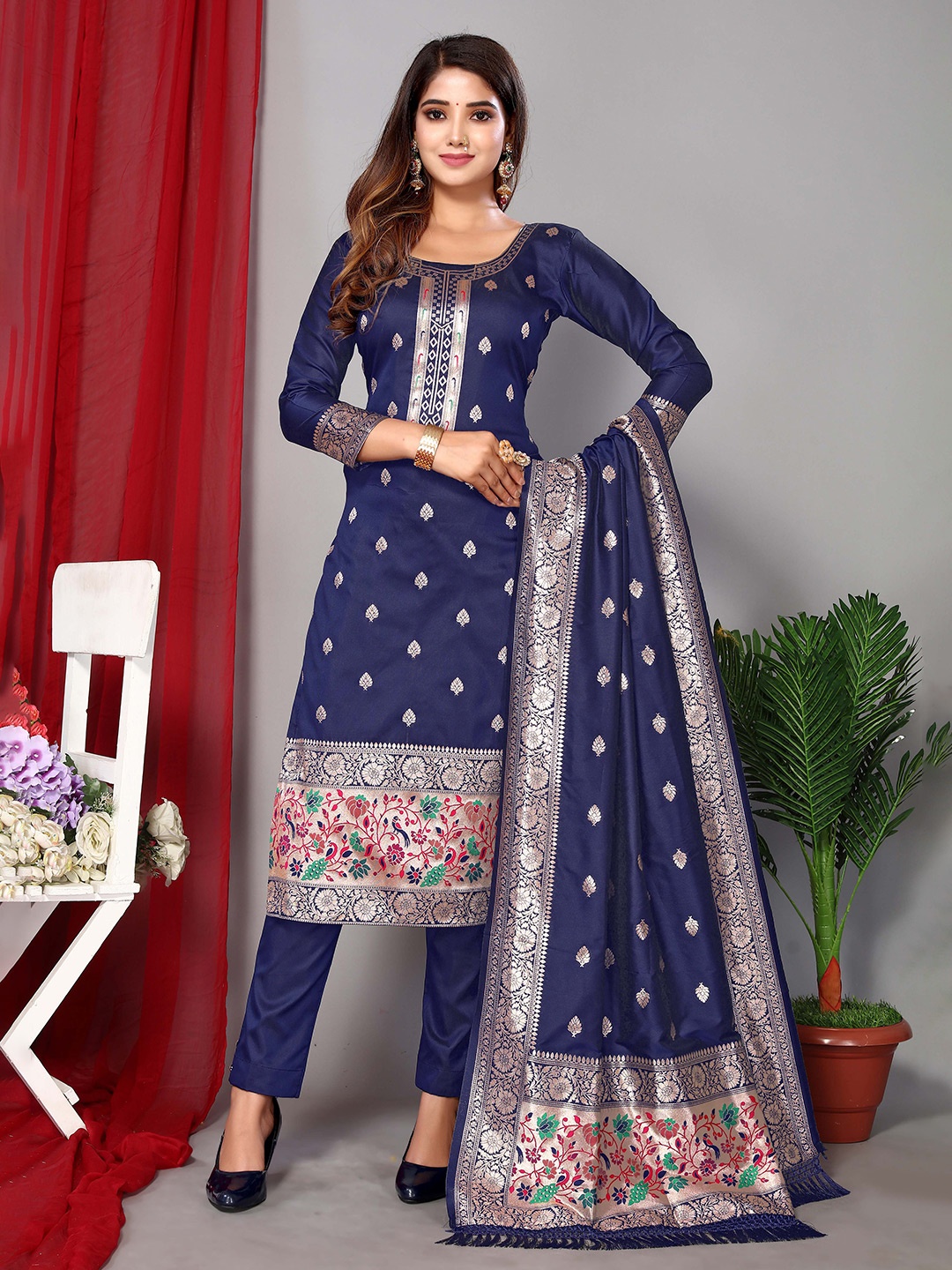 

Ekta Textiles Ethnic Motifs Woven Design Zari Unstitched Dress Material, Navy blue