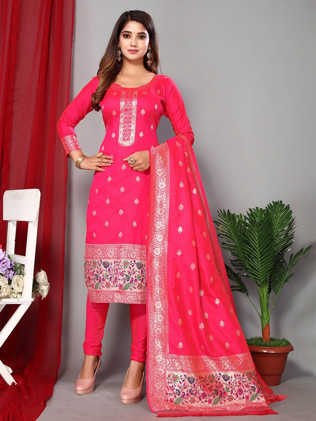 

Ekta Textiles Ethnic Motifs Woven Design Zari Unstitched Dress Material, Pink