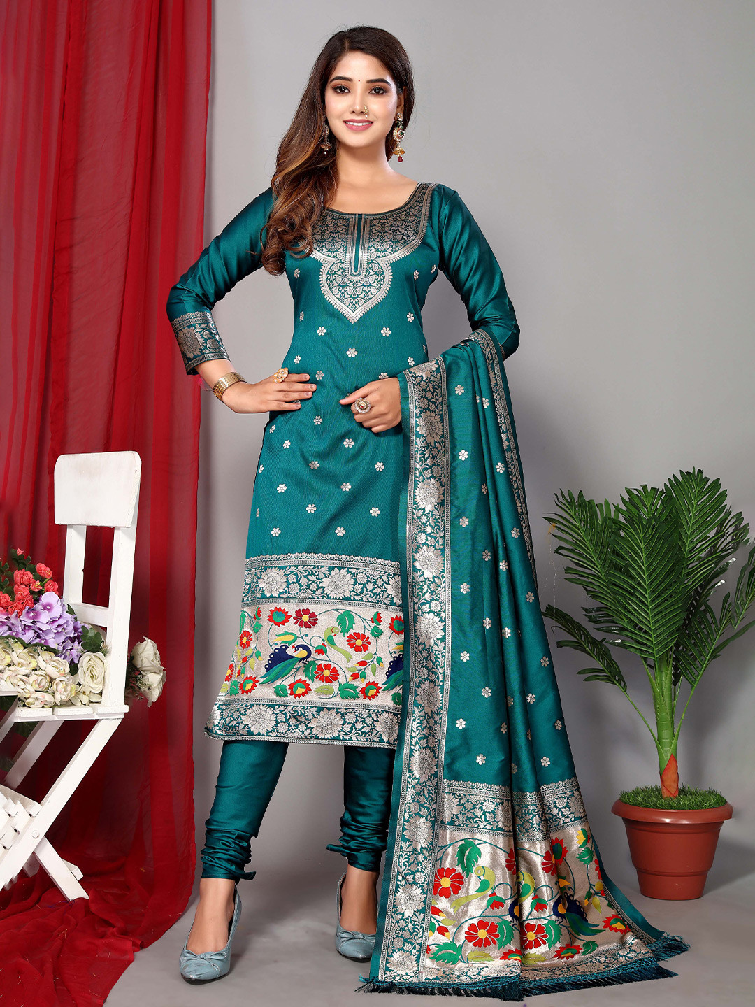 

Ekta Textiles Woven Design Unstitched Dress Material, Turquoise blue