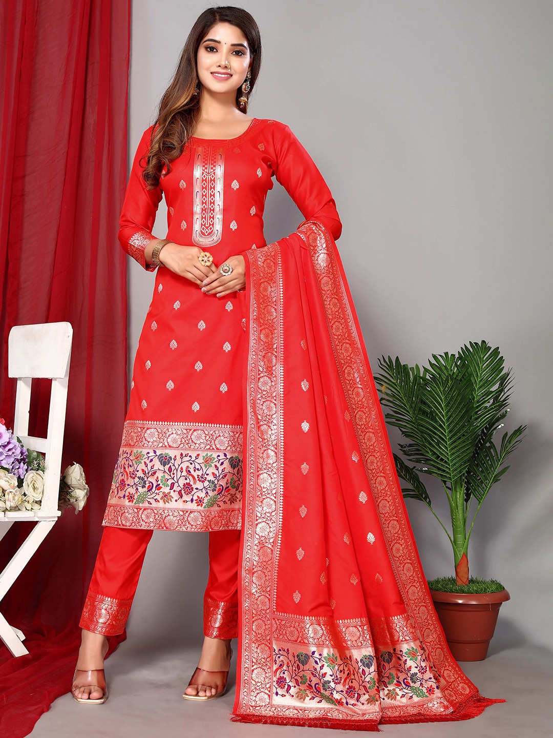 

Ekta Textiles Ethnic Motifs Woven Design Zari Unstitched Dress Material, Red