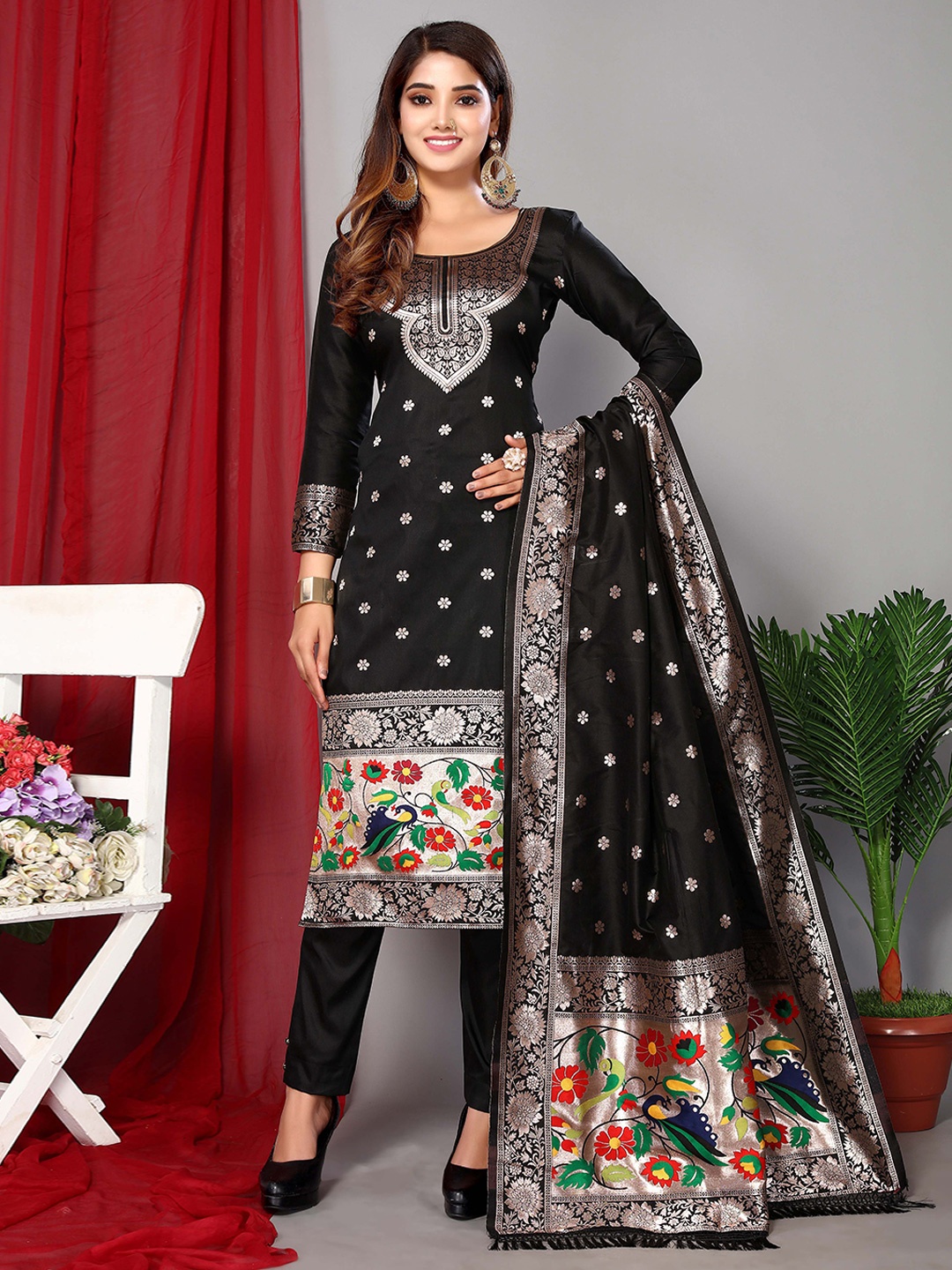 

Ekta Textiles Ethnic Motifs Woven Design Zari Unstitched Dress Material, Black