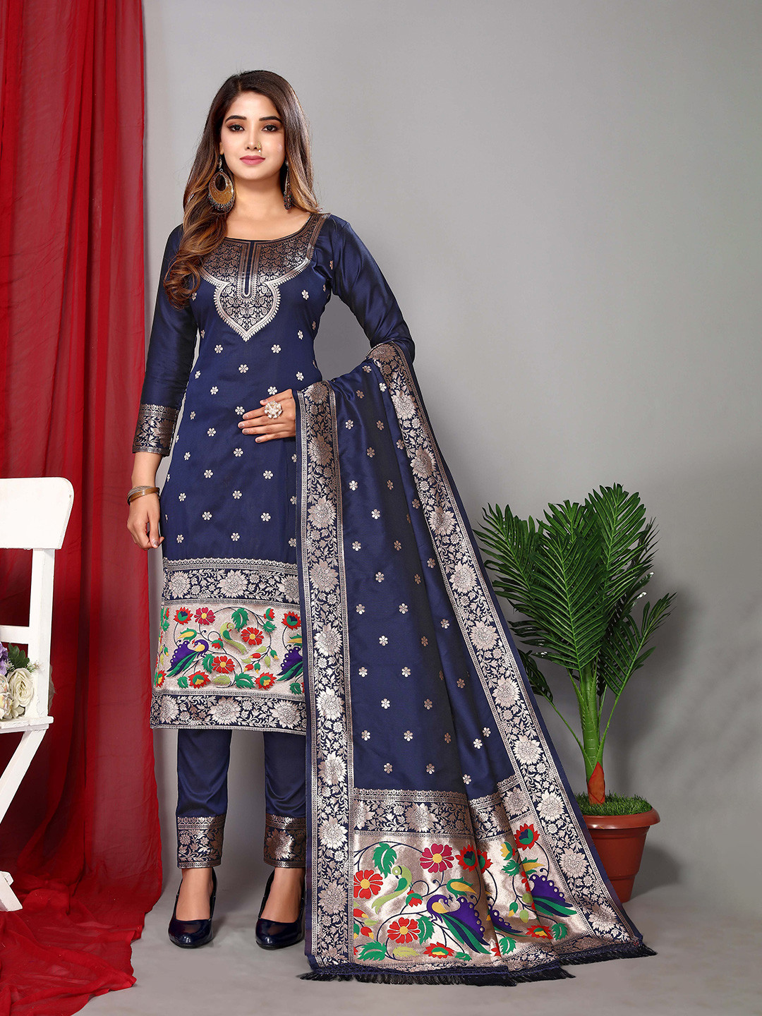 

Ekta Textiles Ethnic Motifs Woven Design Zari Unstitched Dress Material, Navy blue
