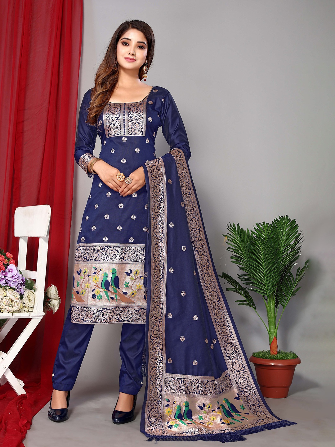 

Ekta Textiles Ethnic Motifs Woven Design Zari Unstitched Dress Material, Navy blue