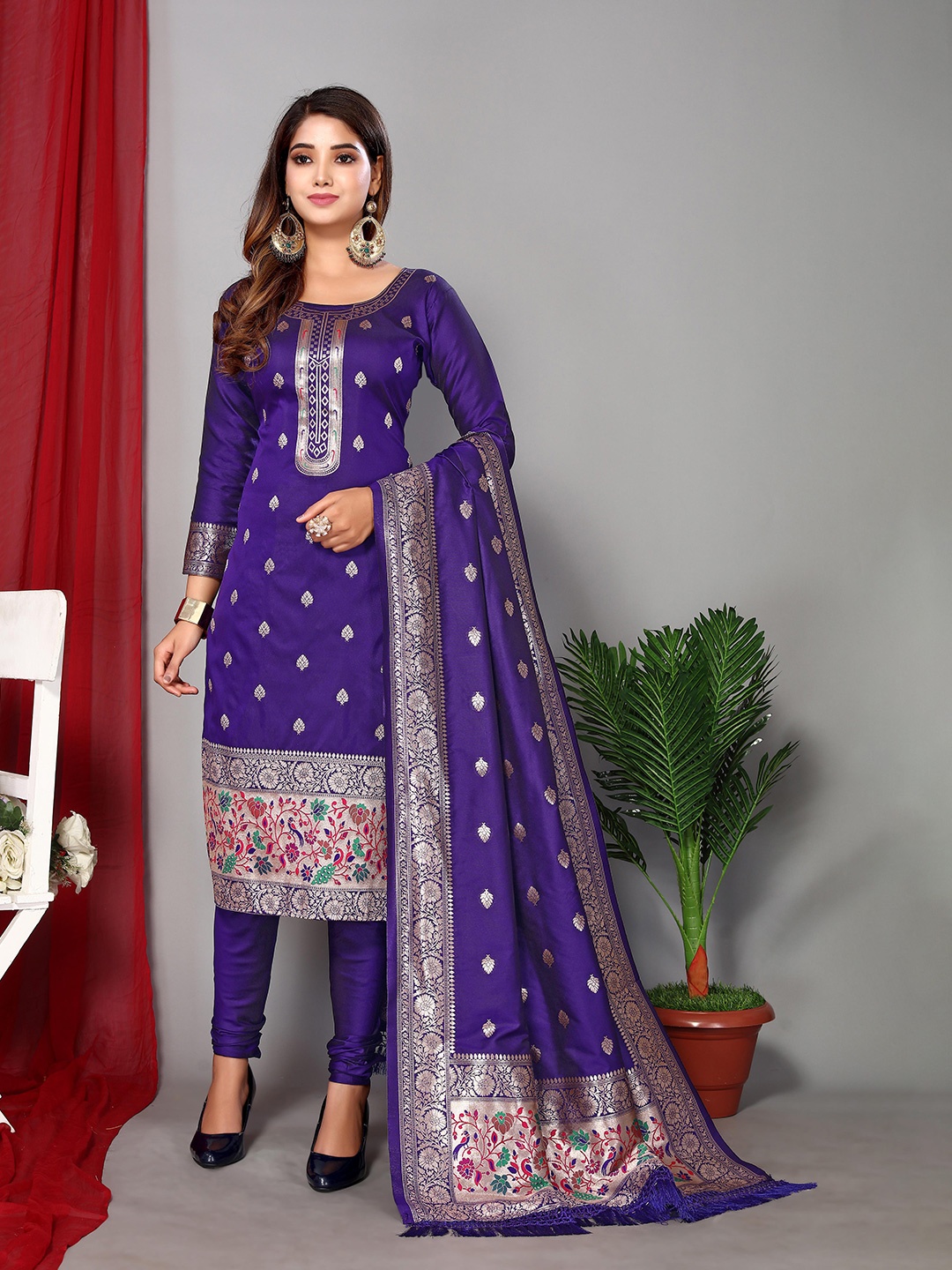 

Ekta Textiles Ethnic Motifs Woven Design Unstitched Dress Material, Blue