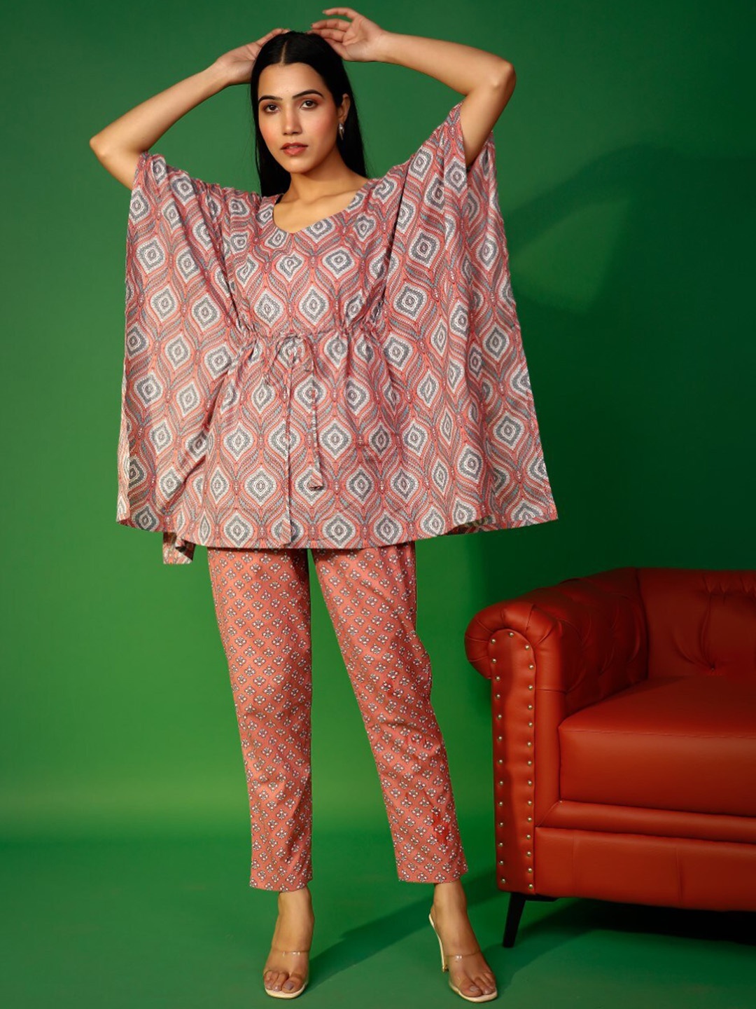 

PHEETA Printed Pure Cotton Kaftan Top With Trousers, Brown