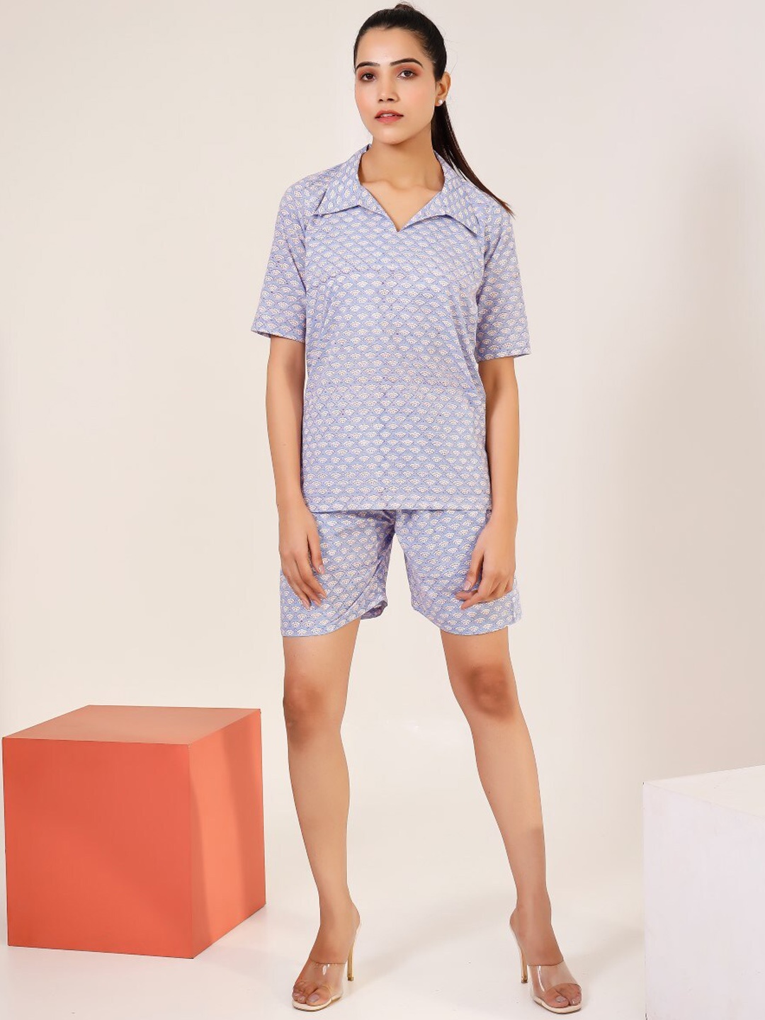 

PHEETA Ethnic Motif Printed Pure Cotton Top With Shorts, Blue