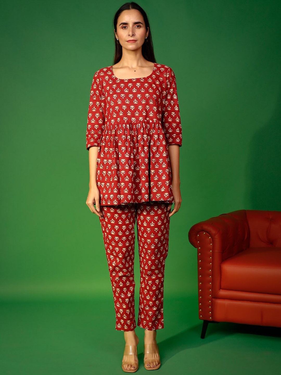 

PHEETA Ethnic Motif Print Pure Cotton Tunic With Trousers, Red