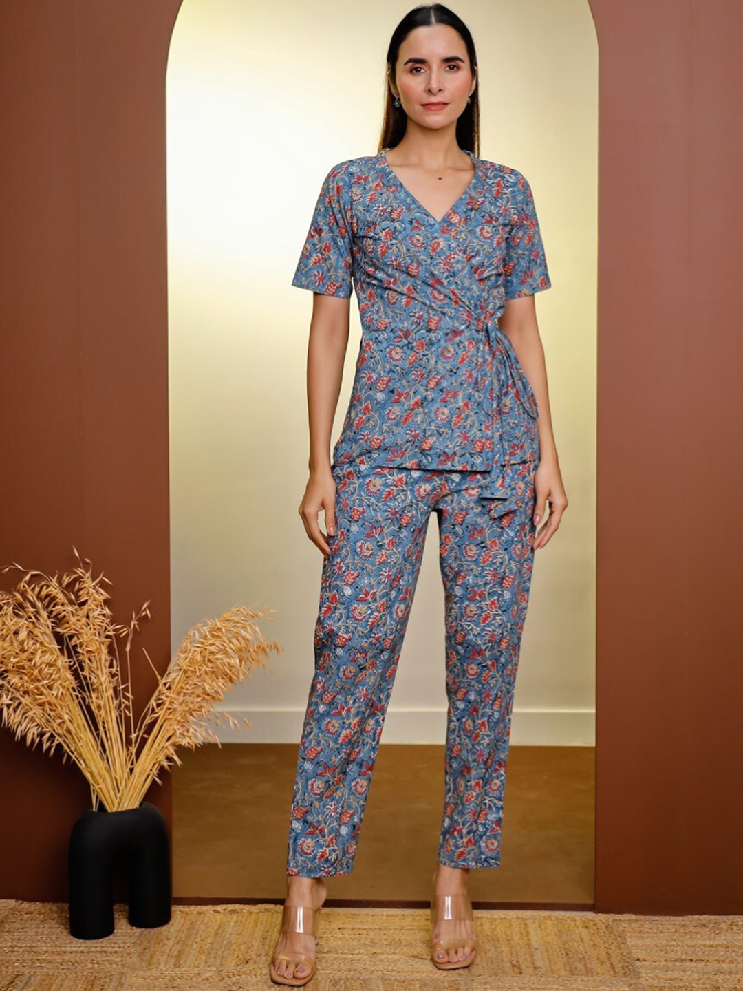

PHEETA Floral Printed Pure Cotton Top With Straight Trouser, Blue
