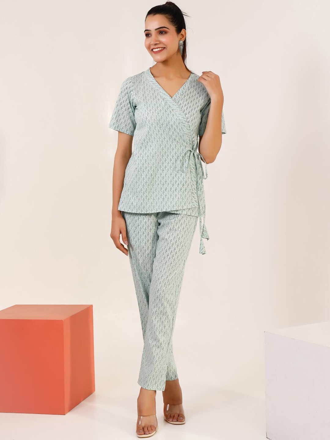 

PHEETA Printed Pure Cotton Top With Trousers, Off white