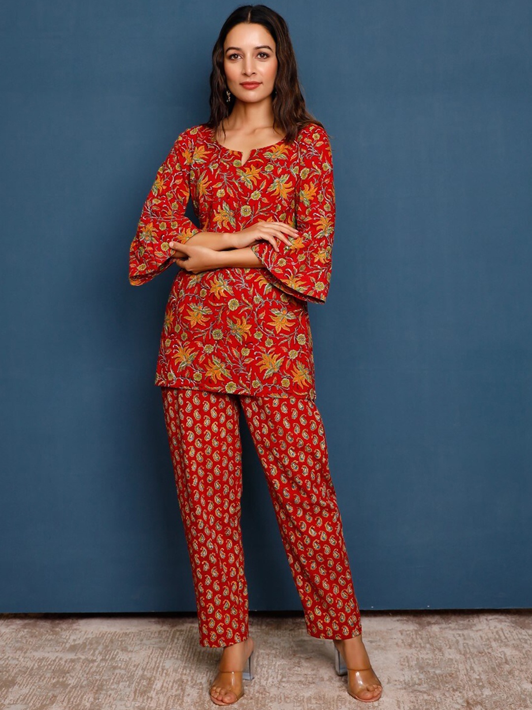 

PHEETA Floral Printed Pure Cotton Top With Trousers, Red