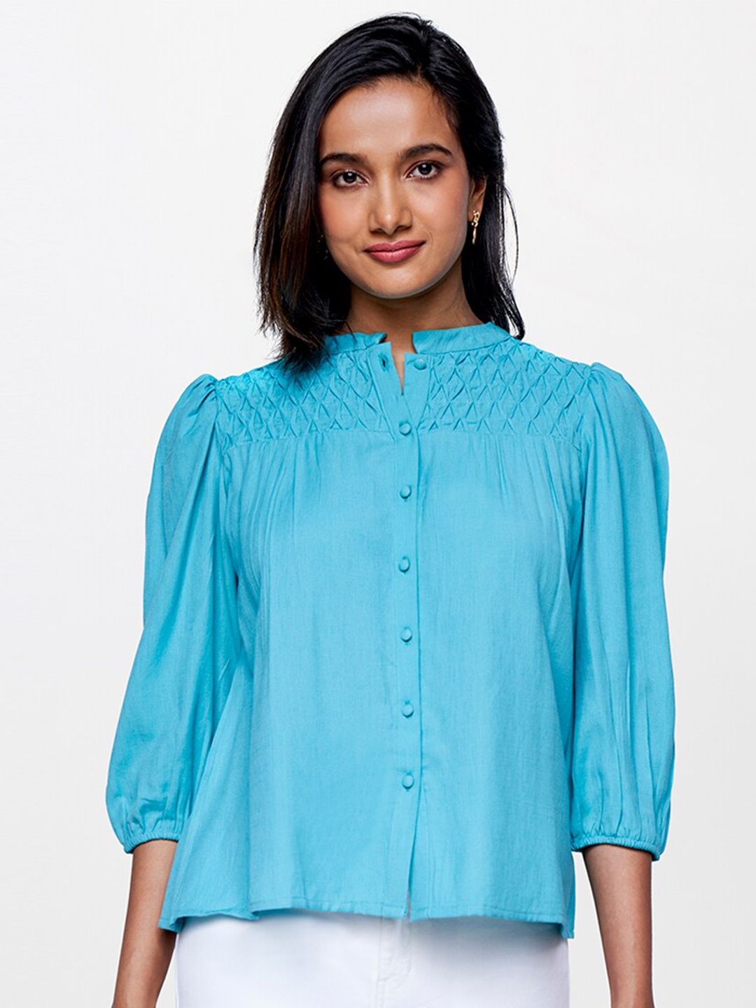 

AND Mandarin Collar Puffed Sleeves Gathered Or Pleated Shirt Style Top, Blue