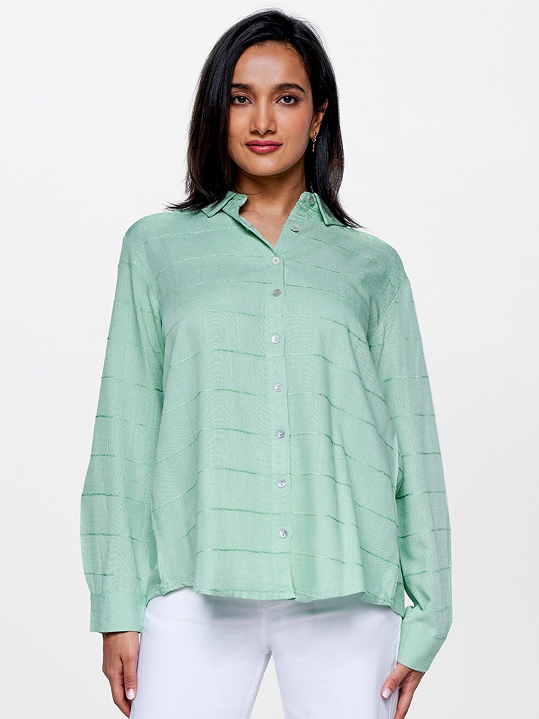 

AND Striped Cuffed Sleeves Shirt Style Top, Green