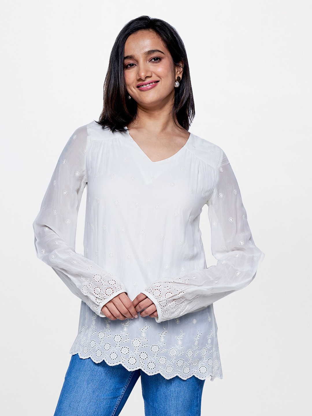 

AND Slef Design Puffed Sleeves Top, White