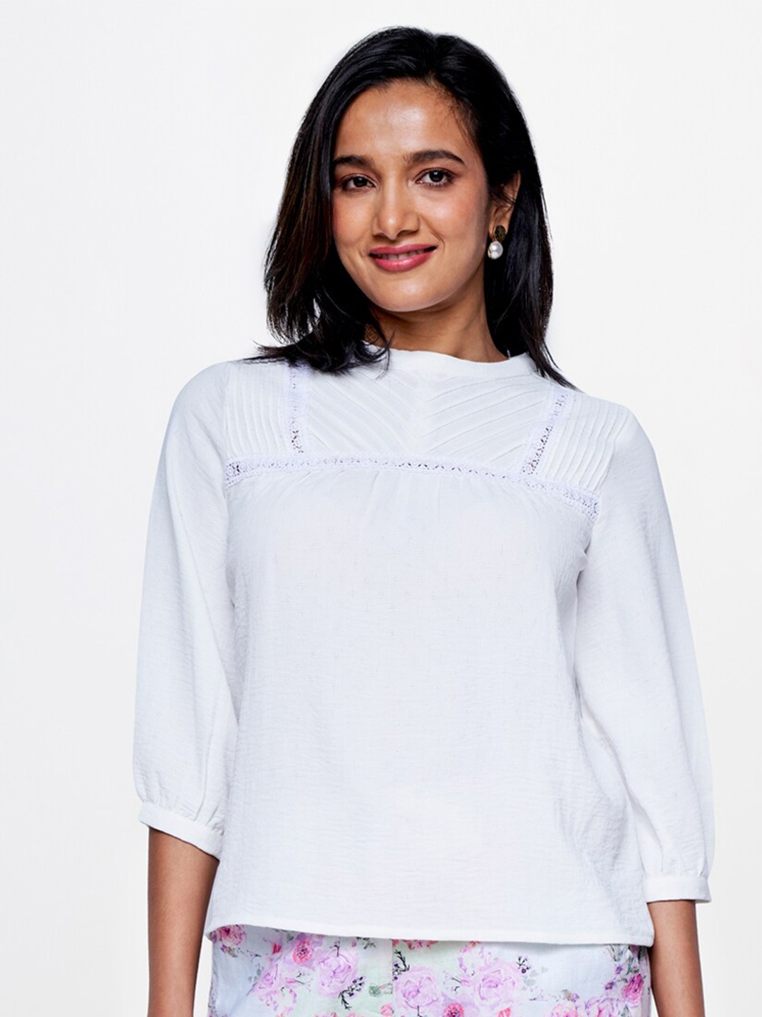 

AND Round Neck Puffed Sleeves Gathered or Pleated Top, White