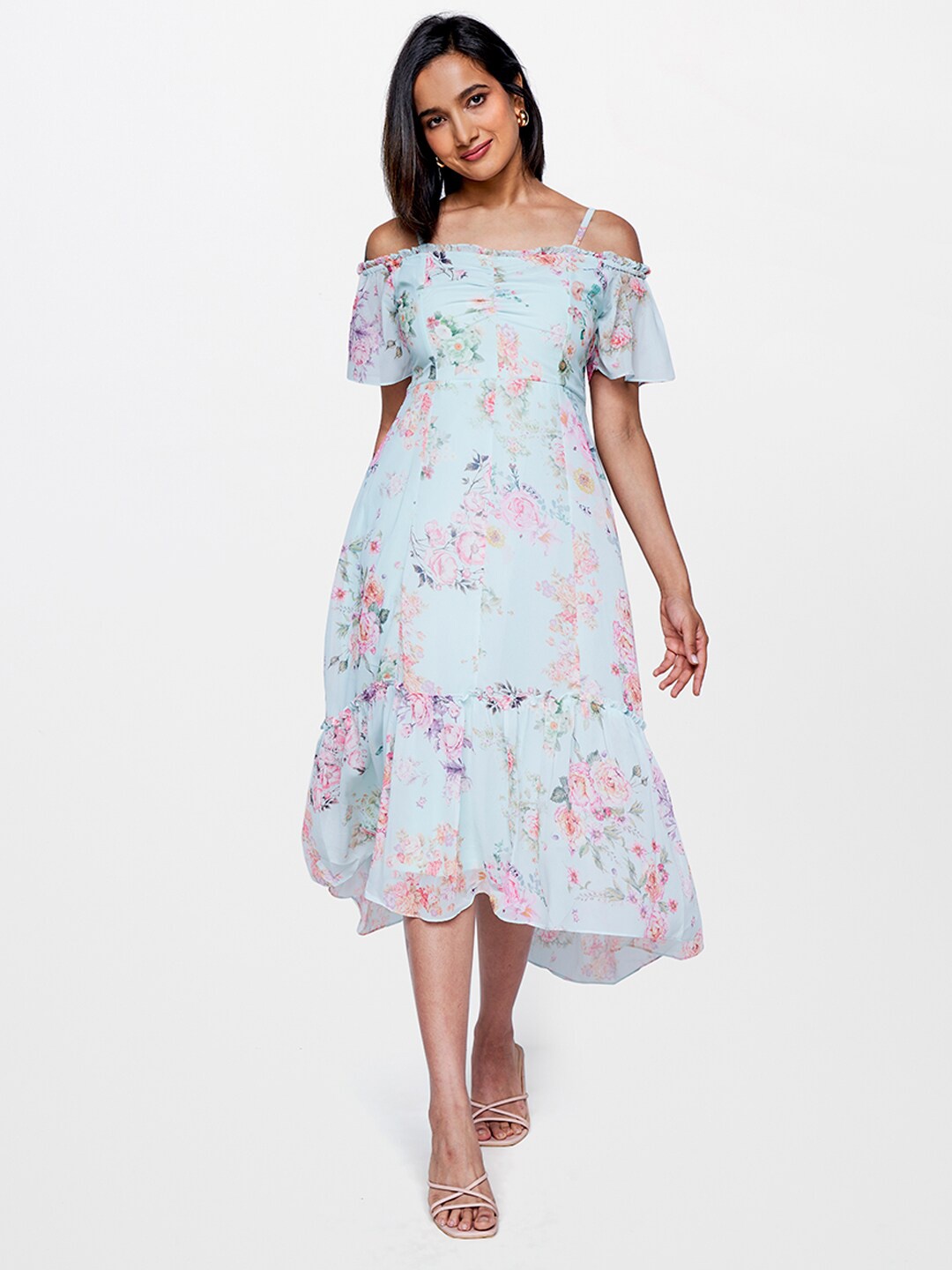 

AND Floral Print Cold-Shoulder Fit & Flare Midi Dress, Blue