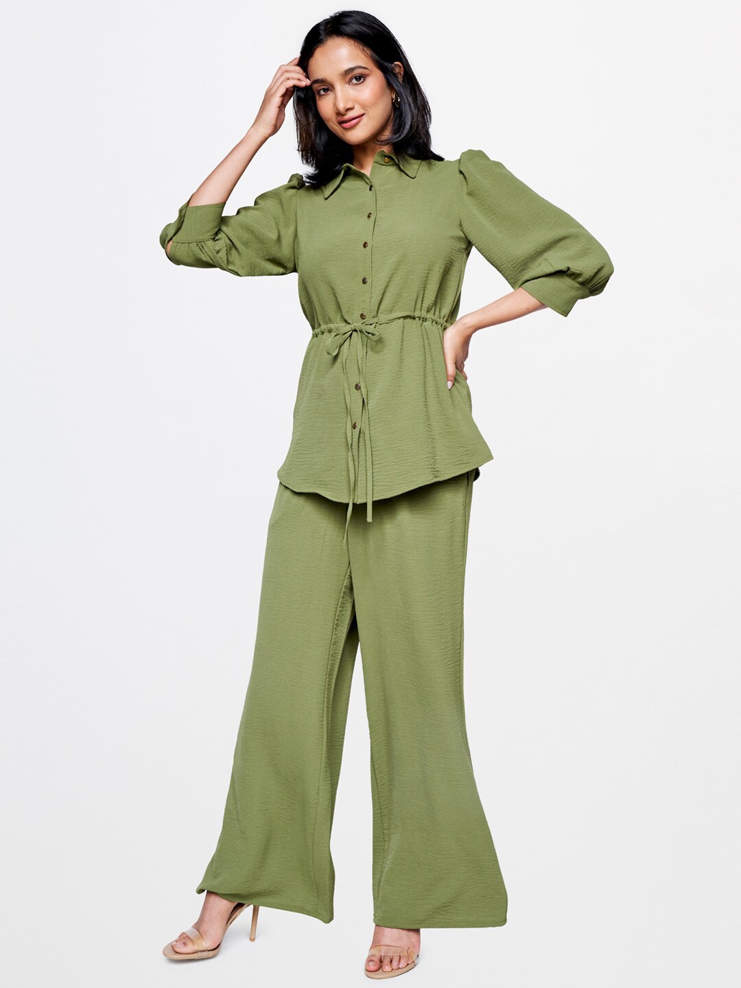 

AND Shirt Collar Puff Sleeves Shirt with Trousers, Olive