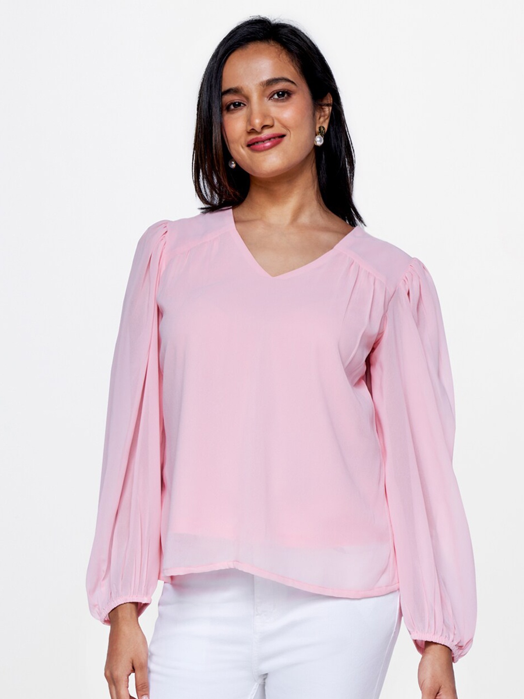 

AND V-Neck Puffed Sleeves Top, Pink