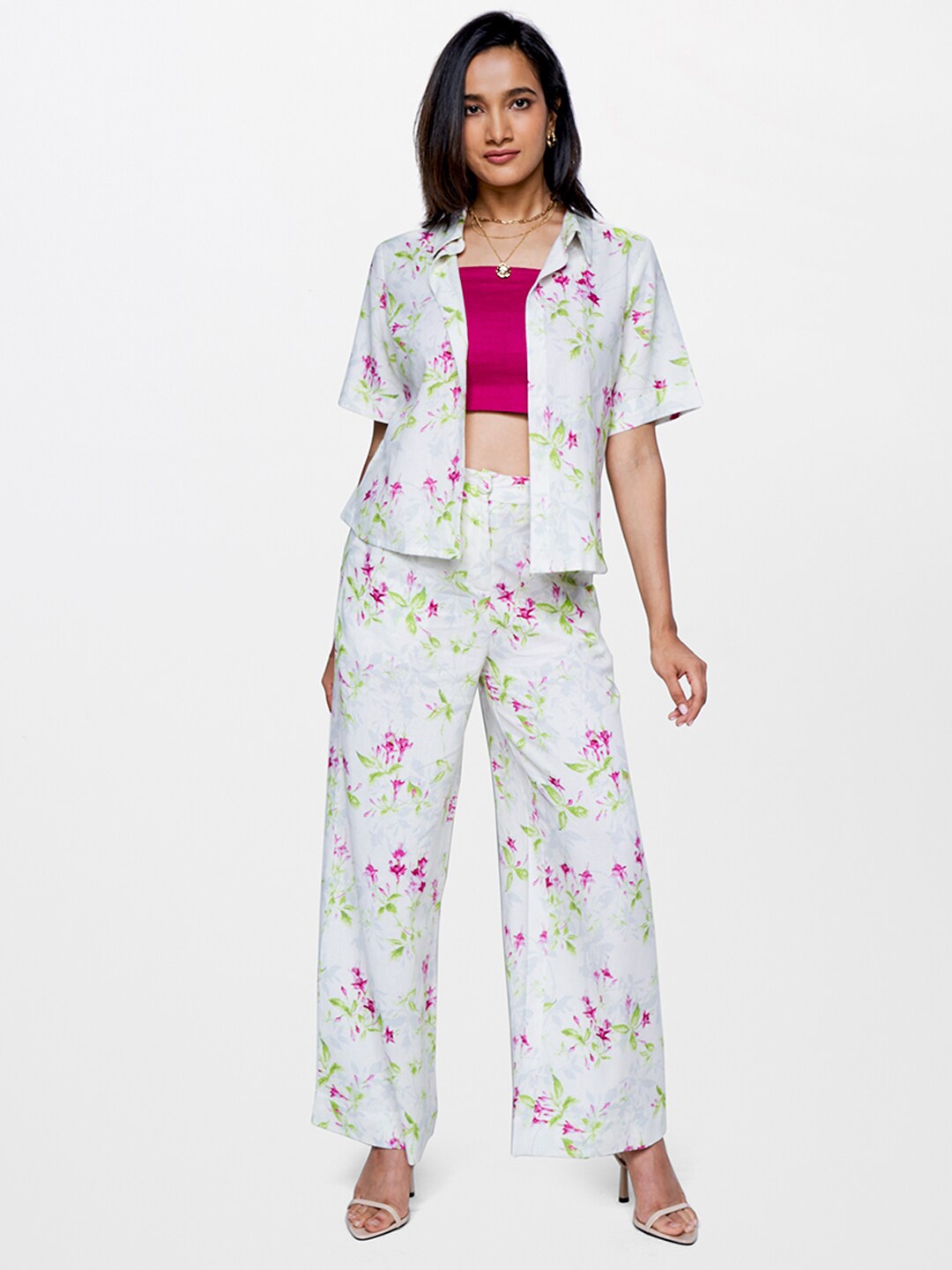 

AND Printed Shirt Collar Top with Trousers, Cream