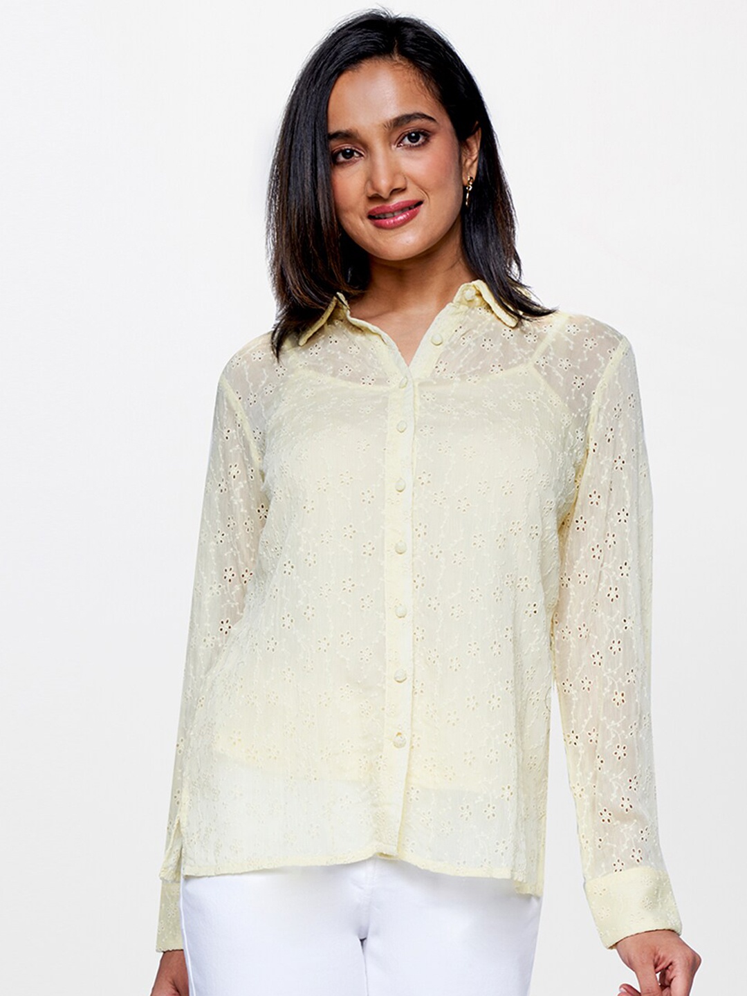 

AND Self Design Schiffli Shirt Style Top, Yellow