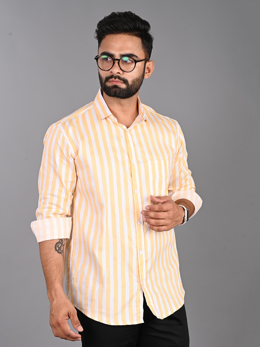 

FUBAR Striped Long Sleeves Spread Collar Slim Fit Casual Shirt, Yellow