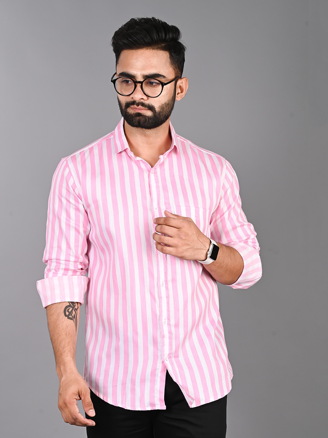 

FUBAR Striped Long Sleeves Spread Collar Slim Fit Casual Shirt, Pink