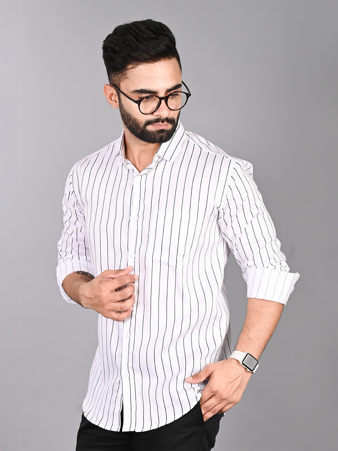 

FUBAR Striped Long Sleeves Spread Collar Slim Fit Casual Shirt, White